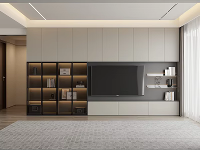 Modern Living Room Interior Design With TV Wall Storage Cabinets And Gray Rug 3d model