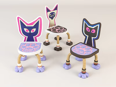 Cute Cartoon Cat Shaped Stools For Multiple People With Paw Print Seats And Colorful Design 3d model