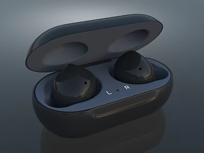Black Wireless Earbuds In Open Charging Case With L R Labels 3d model