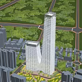 Aerial Urban Planning View With Tall Skyscraper Surrounding Buildings And Green Areas
