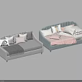 Gray and Blue Upholstered Toddler Beds with Decorative Pillows and Blankets