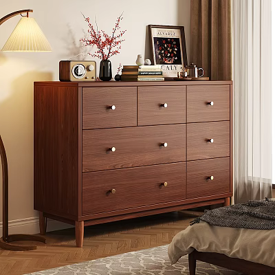 Wooden Dresser with Metal Handles Topped with Table Lamp Vase Photo Frame Radio and Books 3d model