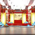 Chinese Style Stage Decorated With Hanging Lanterns Landscape Painting Red Carpet Golden Pillars And Mist