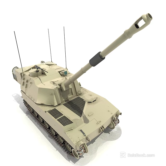 Modern Sand Colored Military Tank With Long Cannon Antennas And Tracks 3d model 