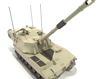 Modern Sand Colored Military Tank With Long Cannon Antennas And Tracks 3d model