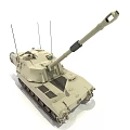 Modern Sand Colored Military Tank With Long Cannon Antennas And Tracks