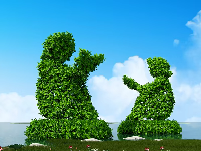 Human Shaped Topiary Shrub Sculptures on Grassland with Blue Sky White Clouds and Red Flowers 3d model