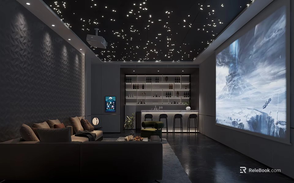 Luxurious Home Theater With Starry Ceiling Large Projection Screen Bar Counter And Comfortable Sofa 3d model 