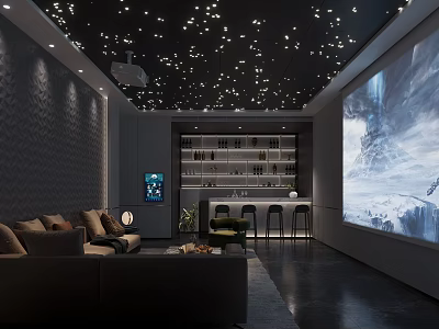 Luxurious Home Theater With Starry Ceiling Large Projection Screen Bar Counter And Comfortable Sofa 3d model