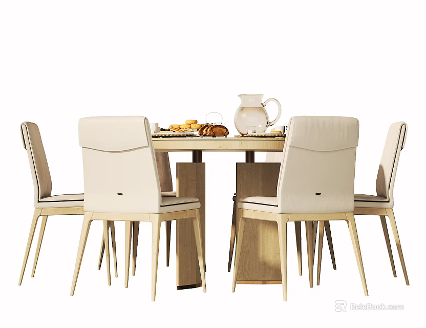 Modern Light Wood Dining Table Set With Four Upholstered Chairs And Teapot 3d model