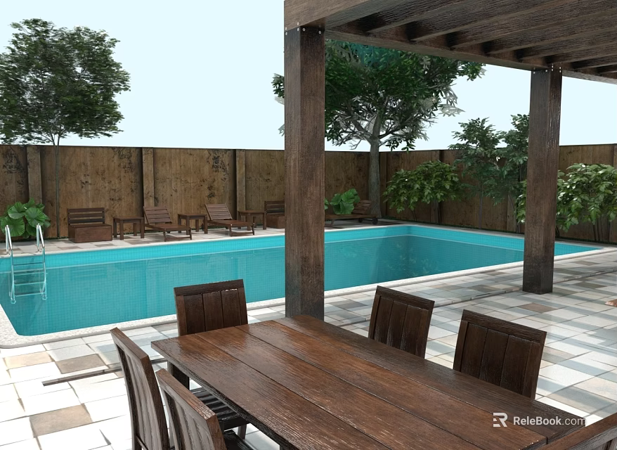 Outdoor Wooden Dining Furniture Set With Poolside Patio And Green Garden Plants 3d model 