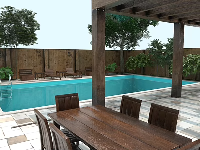 Outdoor Wooden Dining Furniture Set With Poolside Patio And Green Garden Plants 3d model
