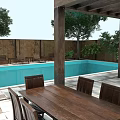 Outdoor Wooden Dining Furniture Set With Poolside Patio And Green Garden Plants