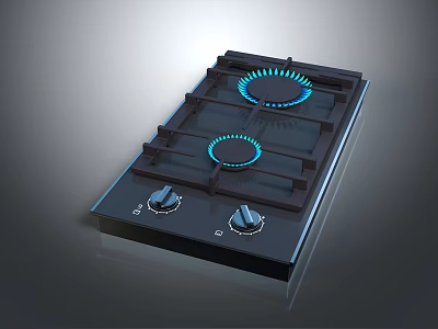 Modern Kitchen Gas Stove Appliance With Two Burners Blue Flames And Control Knobs 3d model