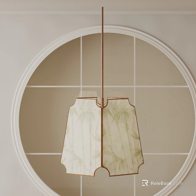 Oriental Style Pendant Light With Bamboo Leaf Pattern Copper Frame And Circular Grid Backdrop 3d model 