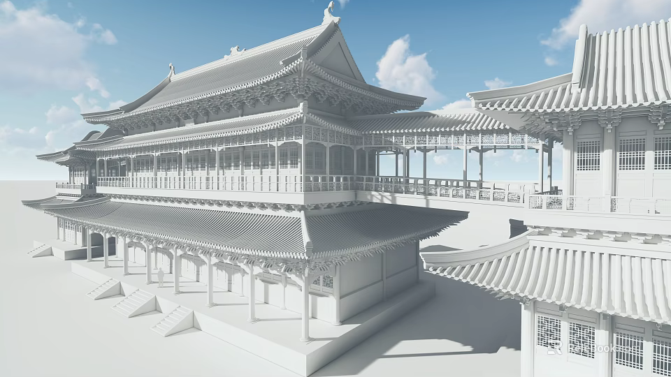 Ancient Chinese Architecture With Classic Eaves Intricate Brackets Wooden Structure And Tile Roof 3d model 