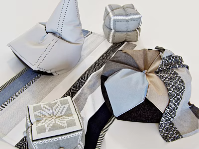 Stylish Fabric Ottoman Designs With Stitched Details Gray Beige Black Colors And Geometric Textures 3d model