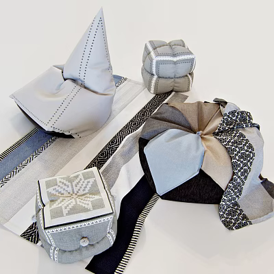 Stylish Fabric Ottoman Designs With Stitched Details Gray Beige Black Colors And Geometric Textures 3d model