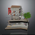 Model Building Multi Level With Red Roof White Walls And Tree Display Structure
