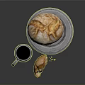 Fresh Crusty Bread On Silver Plate With Sliced Piece And Silver Mug And Crumbs