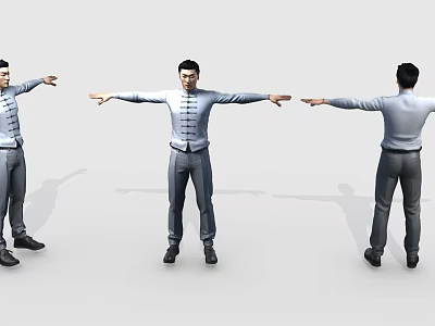 Three Men In Traditional Chinese Mandarin Collar Outfits Posing From Different Angles With Arms Stretched 3d model