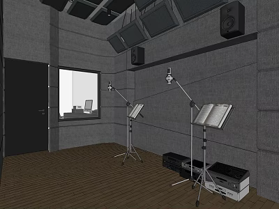 Music Studio Interior With Microphone Stands Music Stands Speakers And Wooden Floor 3d model