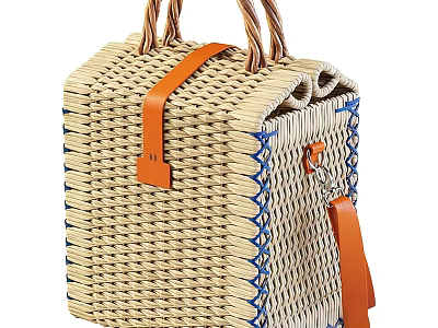 Woven Basket Bag With Natural Woven Material Brown Leather Straps Blue Trim And Handheld Design 3d model
