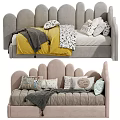 Modern Kids Bed With Soft Upholstered Headboard Decorative Pillows And Cozy Blanket