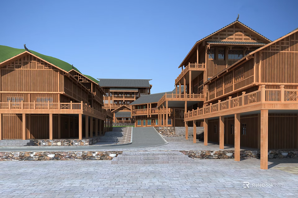 Ancient Architecture Complex Featuring Wooden Buildings Stone Paved Path And Courtyards 3d model
