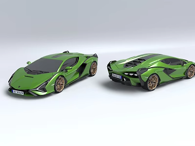 Two Green Sports Cars Front And Rear Views With Sleek Design And Golden Wheels 3d model