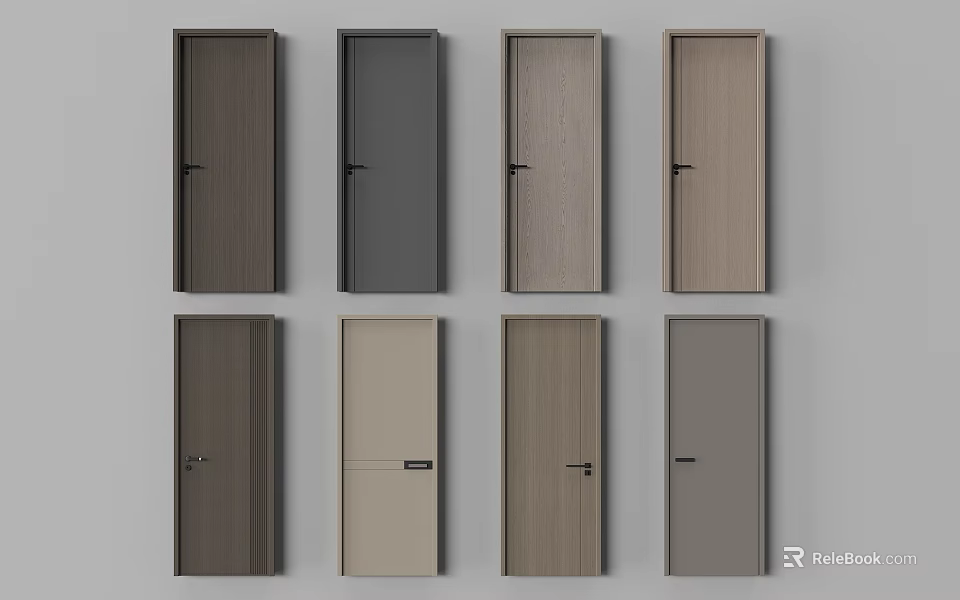 Modern Interior Hinged Doors in Various Wood Tones and Panel Styles 3d model