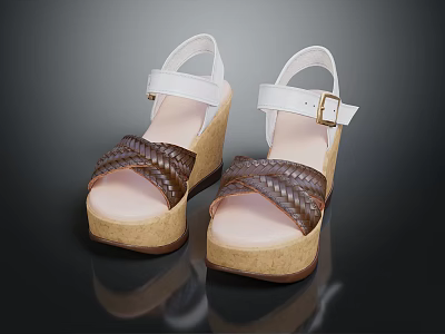 Women's Braided Wedge Sandals With White Straps Buckle Detail And Beige Platform Sole 3d model