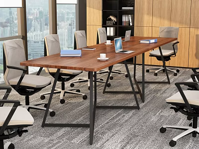 Modern Conference Room Interior With Wooden Table Gray Office Chairs Laptop Documents City View Windows 3d model