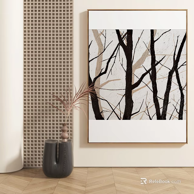 Modern Interior Wall Art With Black White Tree Branches And Decorative Vase 3d model