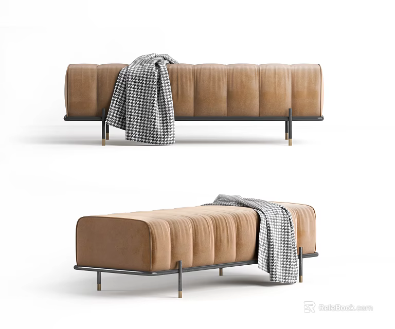 Modern Tan Velvet Tufted Sofa Bench With Plaid Blanket And Metal Legs 3d model 