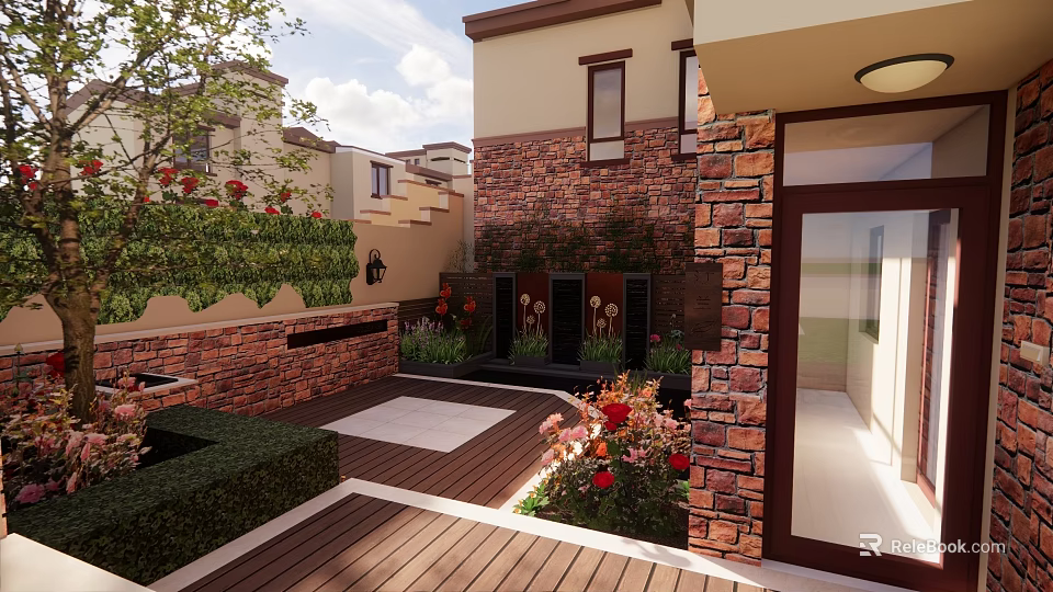 Modern Courtyard Garden Design With Brick Walls Wooden Deck Green Plants And Colorful Flowers 3d model 