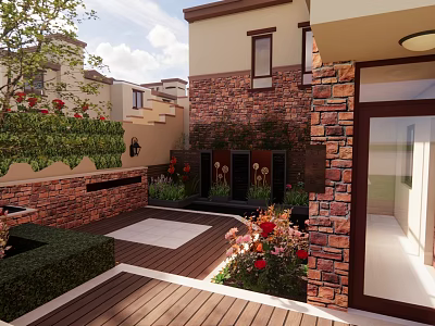 Modern Courtyard Garden Design With Brick Walls Wooden Deck Green Plants And Colorful Flowers 3d model