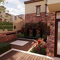 Modern Courtyard Garden Design With Brick Walls Wooden Deck Green Plants And Colorful Flowers
