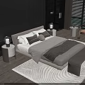 Modern Minimalist Double Bed Bedroom Interior With Gray Bedding Nightstand Lamp And Wooden Floor