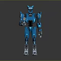 Futuristic Blue Robot Character In Game Movie With Mechanical Armor And Weapon