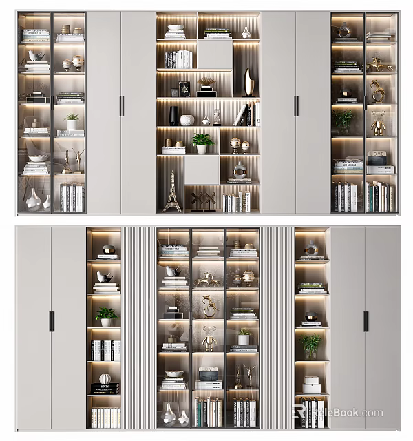 Modern Bookcase Design with Layered Shelves Decorative Items and Lighting 3d model