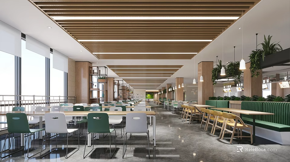Modern Dining Hall With Wooden Slat Ceiling Pendant Lights And Colorful Chairs 3d model 