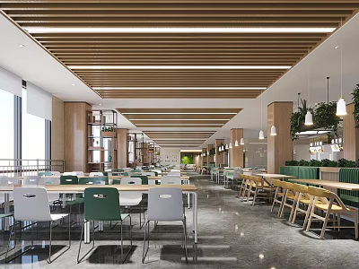 Modern Dining Hall With Wooden Slat Ceiling Pendant Lights And Colorful Chairs 3d model