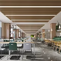 Modern Dining Hall With Wooden Slat Ceiling Pendant Lights And Colorful Chairs