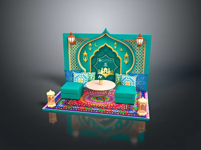 Arabian Style Decorative Scene With Green Wall Golden Arches Lanterns Blue Sofas And Colorful Carpet 3d model