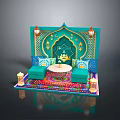 Arabian Style Decorative Scene With Green Wall Golden Arches Lanterns Blue Sofas And Colorful Carpet