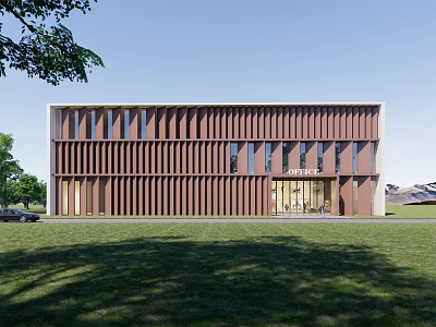 Modern Office Building With Brown Vertical Striped Facade And Lawn Trees Blue Sky 3d model