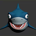Blue Shark Toy with Big Eyes Open Mouth Showing Teeth on Dark Background and Reflection