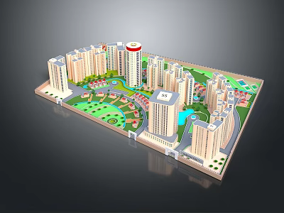 Modern Residential Complex With High Rise Buildings Green Park And Water Features 3d model