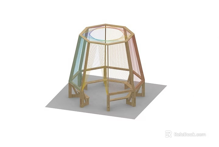 Octagonal Wooden Frame Structure With Colorful Netting And Benches For Kids Play 3d model 